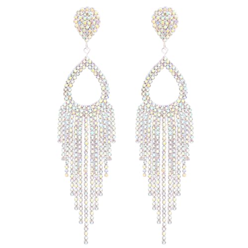 BaubleStar Rhinestone Teardrop with Long Tassel Earrings Sparkly Dangle Earrings for Women - color: Silver