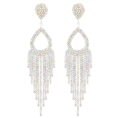 BaubleStar Rhinestone Teardrop with Long Tassel Earrings Sparkly Dangle Earrings for Women - color: Silver