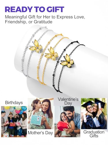 Richsteel Double Layer Heart/Butterfly Birthstone Anklet for Women | Non Tarnish Waterproof, Silver/Gold/Black Stainless Steel 8.5-10.5 Inch Adjustable Chain Anklets Summer Beach Foot Jewelry - color: Black Butterfly-11 Nov.(Yellow Topaz)