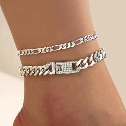 14K Gold Anklets for Women Waterproof Rhinestone Ankle Bracelet Layered Cuban Link Chain Diamond Anklet Beach Jewelry for Women - color: Style B-Silver Anklets