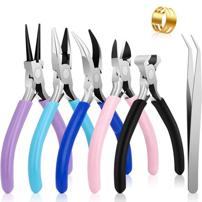 5 Pack Jewelry Pliers Tool Set, Wire Wrapping Tools for Jewelry Making | Bracelet And Earring Making Tools, Includes Round, Chain, Needle, Bent & Zipper Pliers, Repair Kit, Pinzas Para Joyeria