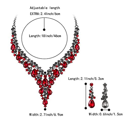 BriLove Women's Wedding Bridal Austrian Crystal Teardrop Flower Cluster Statement Necklace Dangle Earrings Jewelry Set for Party Prom - color: 2Pcs-Ruby Color Black-Tone
