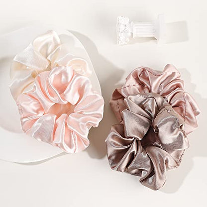 Ivyu Satin Hair Bands and Scrunchies: Thick Curly Hair Ponytail Holders for Girls, No Crease or Damage, Cute Brown Pink