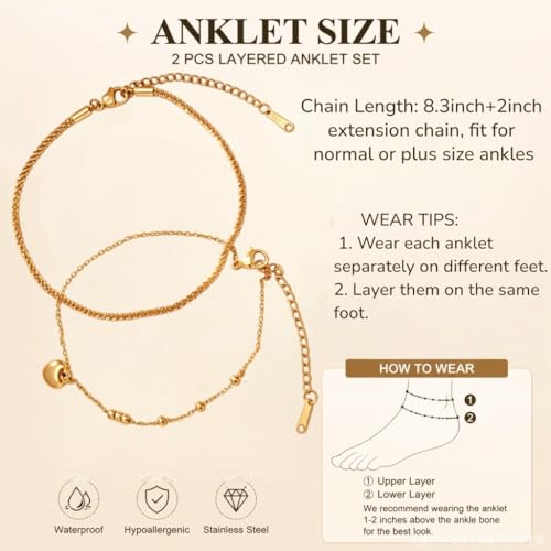 Waterproof Gold Plated Layered Anklets for Women Daisy/Herringbone/Heart Charm/Bead Chain Non Tarnish Stainless Steel Summer Foot Jewelry Gift for Her, with Gift Box - color: 3. glitter chain+ heart charm