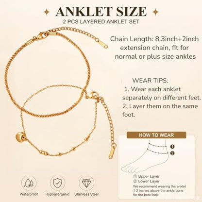 Waterproof Gold Plated Layered Anklets for Women Daisy/Herringbone/Heart Charm/Bead Chain Non Tarnish Stainless Steel Summer Foot Jewelry Gift for Her, with Gift Box - color: 3. glitter chain+ heart charm