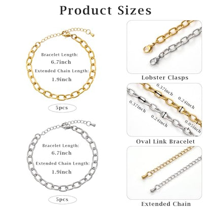 KYUNHOO 6.7 Inches Bracelet Chain for Jewelry Making Adjustable Extender | 10pcs Stainless Steel Jewelry Links on Bulk Silver and Gold Plated Embossed Oval Chains for Bracelets DIY - color: oval cable