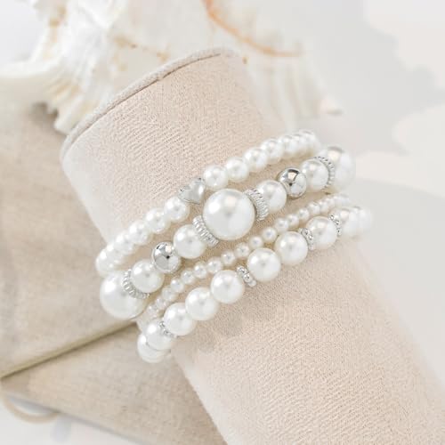 Pearl Bracelets for Women Simulated Pearl Beaded Bracelet White Pearls Stackable Stretch Bracelet Set Multilayered Elastic Pearls Bracelets for Women Bridesmaid Bridal Jewelry - color: silver