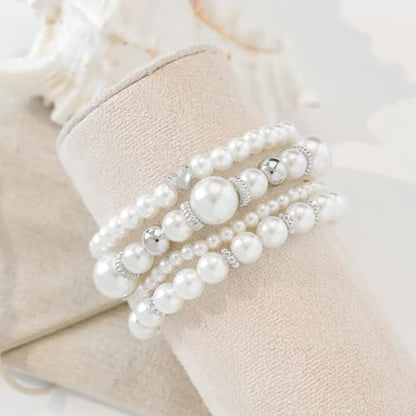 Pearl Bracelets for Women Simulated Pearl Beaded Bracelet White Pearls Stackable Stretch Bracelet Set Multilayered Elastic Pearls Bracelets for Women Bridesmaid Bridal Jewelry - color: silver
