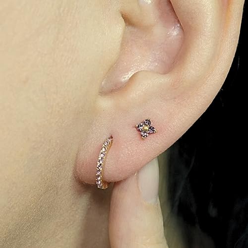 QueenBee 14K Gold Plated Ivy Flower Birthstone Stud Earrings for Women Dainty Floral Gemstone Studs Unique Jewelry Gift for Her - color: Oct-Pink Tourmaline