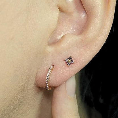 QueenBee 14K Gold Plated Ivy Flower Birthstone Stud Earrings for Women Dainty Floral Gemstone Studs Unique Jewelry Gift for Her - color: Oct-Pink Tourmaline