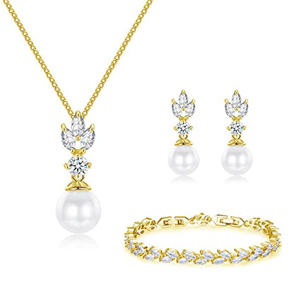 Wedding Jewelry for Bride Bridesmaid, Pearl Dangle Earrings and Pendant Necklace Set Bridal Jewelry for Promise Wedding Party - color: 2#Gold-1 Set-Necklace/Bracelet/Earrings
