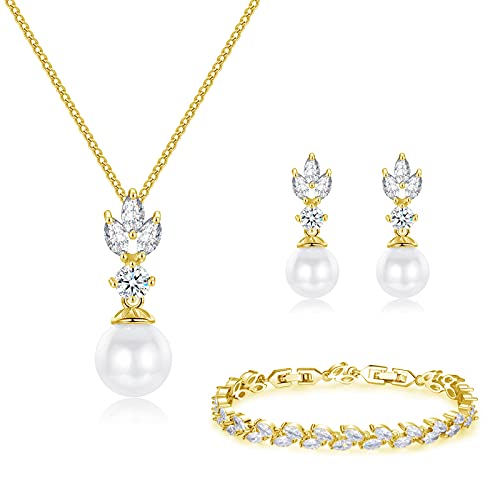 Wedding Jewelry for Bride Bridesmaid, Pearl Dangle Earrings and Pendant Necklace Set Bridal Jewelry for Promise Wedding Party - color: 2#Gold-1 Set-Necklace/Bracelet/Earrings