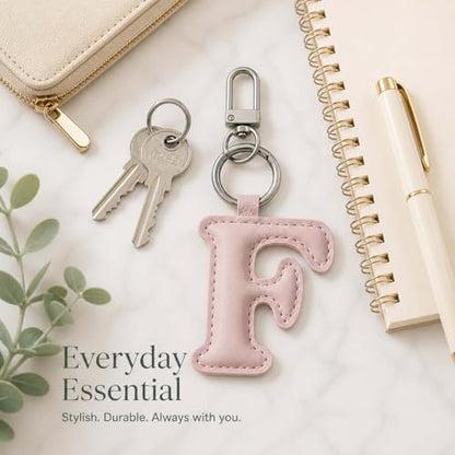 Initial Letter Keychain,Stainless Steel,Colorful Faux Leather Keyring for Backpack,Purse,Car Keys,Gift for Men Women - color: F