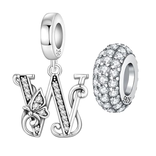 2 Pack 925 Sterling Silver Butterfly Letter Charms for Bracelets and Necklace Alphabet Initial Dangle Pendants Round Spacer Beads Pave Cubic Zirconia Jewelry Gift for Women - color: W Set