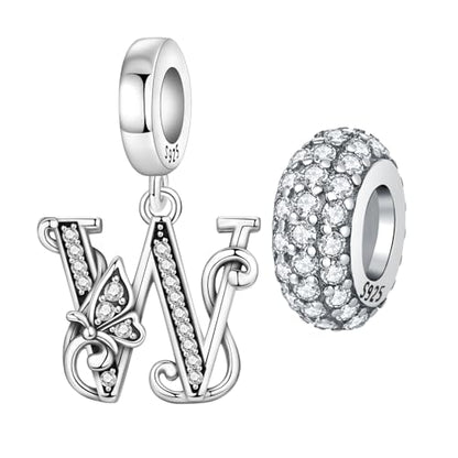 2 Pack 925 Sterling Silver Butterfly Letter Charms for Bracelets and Necklace Alphabet Initial Dangle Pendants Round Spacer Beads Pave Cubic Zirconia Jewelry Gift for Women - color: W Set