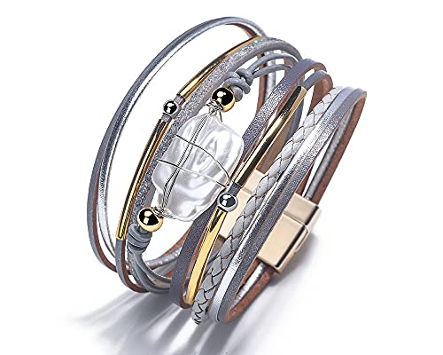 Fesciory Leather Wrap Bracelets for Women, Boho Western Layered Jewelry | Layered leather cuff bracelets, Easy on and off, Boho western style, Daily wear, Gift for women - color: Gray 2