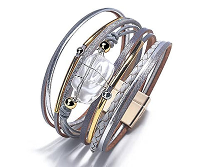Fesciory Leather Wrap Bracelets for Women, Boho Western Layered Jewelry | Layered leather cuff bracelets, Easy on and off, Boho western style, Daily wear, Gift for women - color: Gray 2
