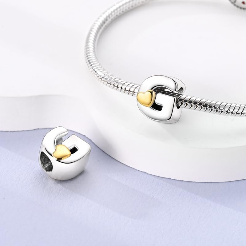 Women 925 Sterling Silver Charms A-Z Heart Letters Beads Pendant for Bracelets Women Fit Pandora Bracelets Hypoallergenic Beads - color: G