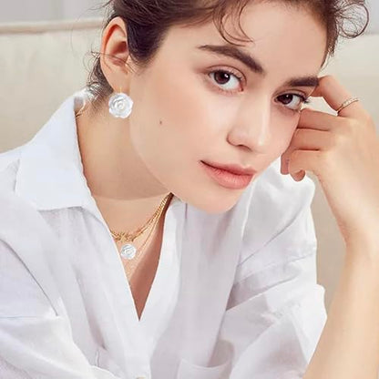 Handmade Bohemian Aesthetic Dainty Acrylic Flower Petal Leverback Earrings Sparkly 14K Gold Floral Dangle Drop Earrings for Women - color: Pure White