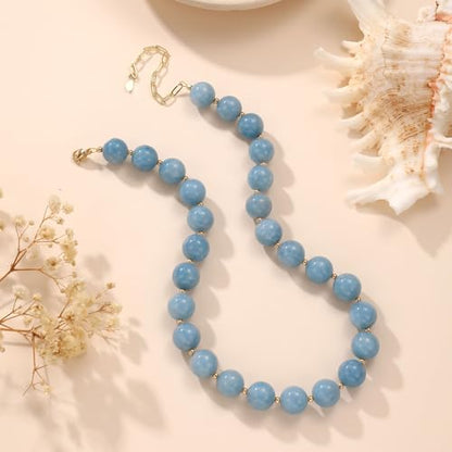 Colorful Beaded Necklace for Women Boho Statement Chunky Necklace Natural Stone Beads Gemstone Choker Necklaces Handmade Summer Beach Jewelry - color: Blue