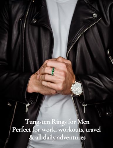 King Will Mens Wedding Band with Foils Inlay, Black/Silver/Gold Beveled Edge Glowstone Ring, 6mm/8mm Tungsten Carbide Rings Comfort Fit - color: Silver&Green-8mm