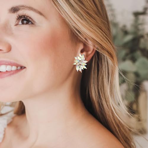 EVER FAITH Sparkly Rhinestone Clip-on Earrings for Women Bride, Fashion Marquise Crystal Cluster Wedding Bridal Stud Earring for Prom Formal Party - color: Iridescent AB Silver-Tone