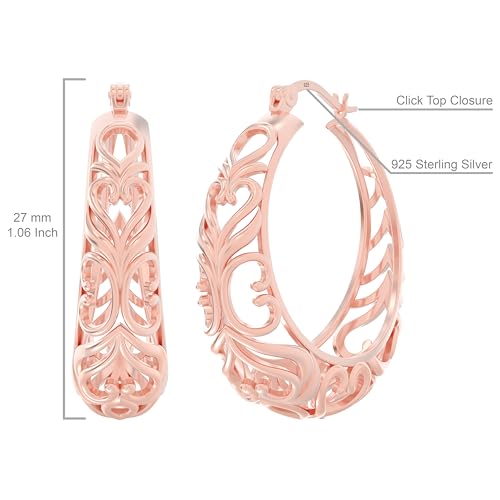 LeCalla 925 Sterling Silver Chunky Hoop Earrings | Filigree Heart Hoop Earrings for Women | Oval & Round Mesh Filigree Click-Top Hoops Earring | Hypoallergenic Earrings for Women - color: Rose Gold Round Filigree 27MM