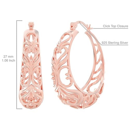 LeCalla 925 Sterling Silver Chunky Hoop Earrings | Filigree Heart Hoop Earrings for Women | Oval & Round Mesh Filigree Click-Top Hoops Earring | Hypoallergenic Earrings for Women - color: Rose Gold Round Filigree 27MM