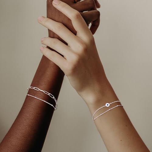 MILACOLATO 925 Sterling Silver Clasp Paperclip Chain Bracelets for Women | 14K White Gold Plated Adjustable Bracelets, Dainty Stackable Layered Satellite Beads Evil Eye Infinity Bracelets Jewelry Gift - color: Paperclip Chain + Satellite Chain