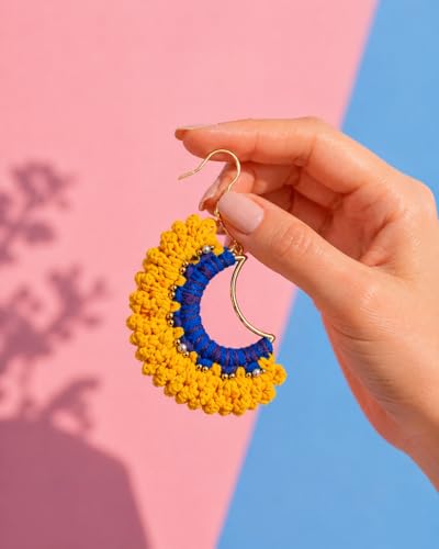 Handmade Crochet Sunrise Hoop Earrings with Soft Yellow Fringe, Lightweight Half-Circle Boho Statement Earrings, 925 Sterling Silver Hooks – KnitAra Sunlit Crescent