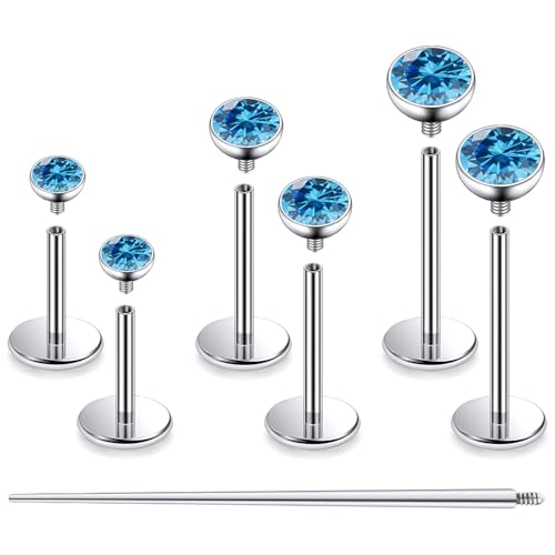 F136 Titanium 20/18/16G Internally Threaded Flat Back Stud Earrings Nose Rings Lip Medusa Monroe Labret 6/8/10mm Short/Long Bar Piercing Jewelry with Taper for Women Men - color: Ocean Blue, size: 20g=0.8mm