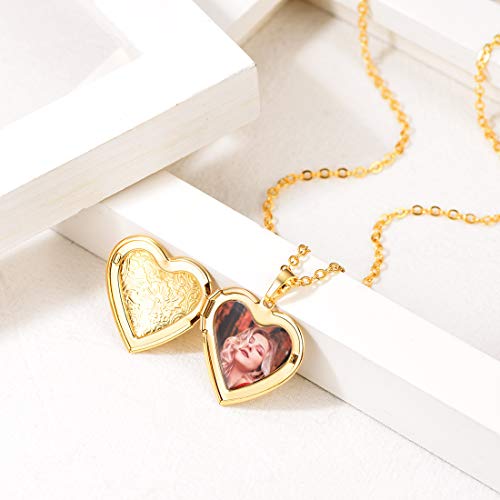 U7 Custom Photo Locket Necklace - Oval & Heart Shaped Locket - Gold/Silver/Rose Gold Personalized Image Necklaces for Women - color: 02-Gold Flower Heart, style: a. locket only