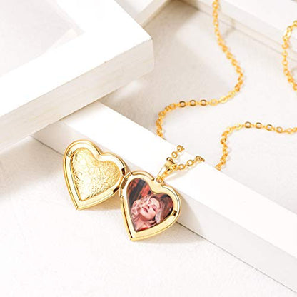 U7 Custom Photo Locket Necklace - Oval & Heart Shaped Locket - Gold/Silver/Rose Gold Personalized Image Necklaces for Women - color: 02-Gold Flower Heart, style: a. locket only