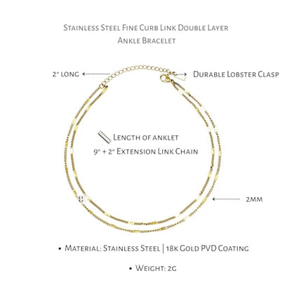 Stainless Steel Chain Ankle Bracelet for Women Adjustable Waterproof Anklet - color: Gold / Double Layer Fine Curb