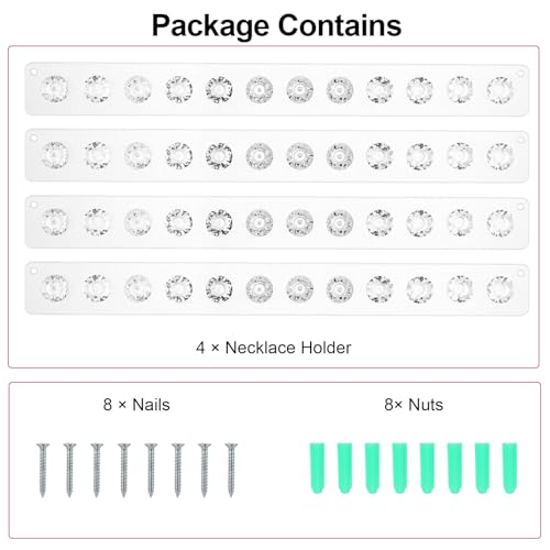 4Pcs Wall Necklace Holder for Women, Hanging Jewelry Organizer Wall Mount Crystal Holder Necklace Wall Hanger, Acrylic Bracelet Holder Organizer Jewelry Rack Adhesive Hooks Necklace Storage - style: 4 Pcs 12 Hooks