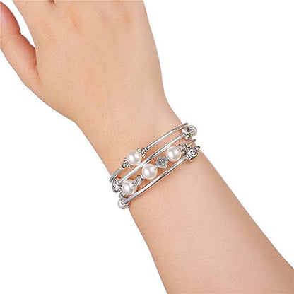 Beaded Pearl Bangle Wrap Bracelet - Fashion Bohemian Jewelry Multilayer Charm Bracelet with Thick Silver Metal Beads, Gift For Women - color: White