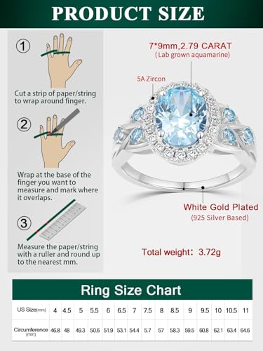 2-3 Carat Oval Engagement Ring 925 Silver Celtic Knot Birthstone Rings for Women Hypoallergenic Amehtyst/Aquamarine/Emerald/Ruby/Sapphire Cocktail Rings Jewelry Size 6-10 - color: A. Aquamarine