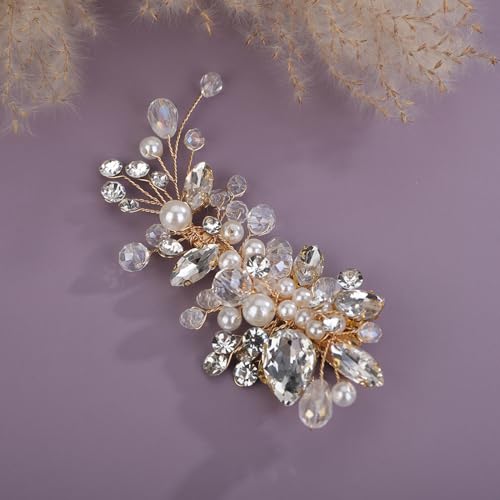 Teyglen Bridal Rhinestone Hair Clip Gold Pearl Crystal Hair Barrette Sparkly Hair Piece Wedding Hair Clips Hair Accessories Jewelry for Women (Gold) - color: Gold