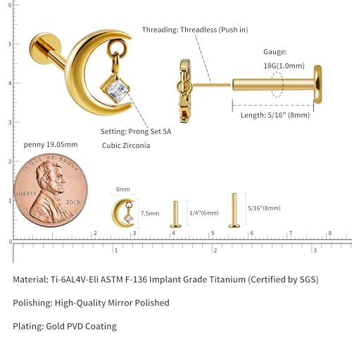 1PC ASTM F136 Titanium Mini Threadless Flat Back Stud 18G 6mm 8mm for Conch Helix Flat Tragus Labret - color: Moon - Gold