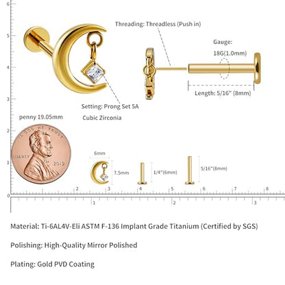 1PC ASTM F136 Titanium Mini Threadless Flat Back Stud 18G 6mm 8mm for Conch Helix Flat Tragus Labret - color: Moon - Gold