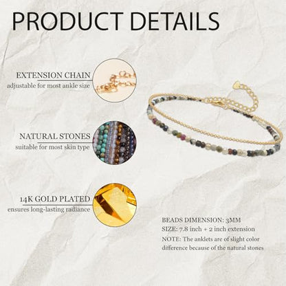 Ankle Bracelet for Women, Dainty 18k Gold Natural Stone Beaded Anklet Adjustable Double Ankle Chain Waterproof Summer Boho Foot Jewelry Birthday Anniversary Graduation Gifts - color: Z-Tourmaline