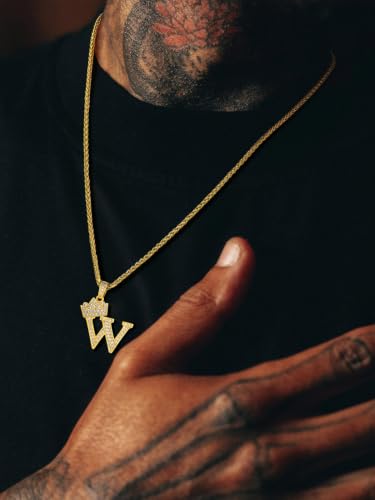 U7 Crown Initial Necklace Men Women, Bling Diamond A-Z 0-9 Letter Pendant with Wheat Chain, Silver/Black/Gold Plated CZ Alphabet Number Hip Hop Jersery for Father Husband - color: a. Gold, size: 23. W