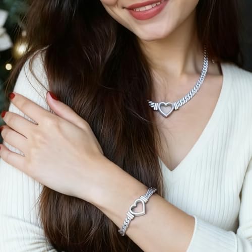 Chunky Flat Curb Chain Necklace and Bracelet Set, Gold/Silvery Stainless Steel Hollow Heart Pendant Jewelry for Women, Valentines Wedding Gift - color: Silvery