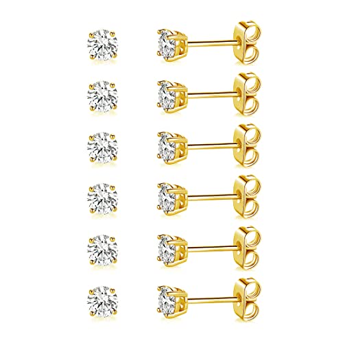 MDFUN Hypoallergenic CZ Stud Earrings Set for Women/Men,6 Pairs 18K Gold Plated Round 3-8mm Clear Cubic Zirconia Earring Pack Jewelry Gift - color: Yellow gold-4mm-6 pairs