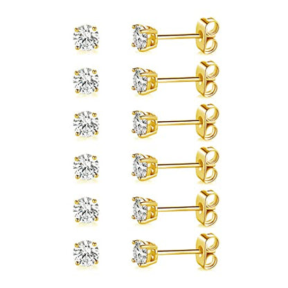 MDFUN Hypoallergenic CZ Stud Earrings Set for Women/Men,6 Pairs 18K Gold Plated Round 3-8mm Clear Cubic Zirconia Earring Pack Jewelry Gift - color: Yellow gold-4mm-6 pairs