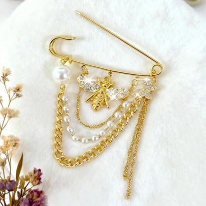 Gold Dainty Bee Chain Layered Tassel Brooch Pin for Women,Baroque Trendy Faux Pearl Beaded Statement Lapel Pin Fashion Delicate Jewelry Accessories