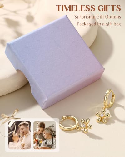 FIBO STEEL 14K Gold Plated Hoop Earrings with Charms for Women Huggie Hoops | Hypoallergenic 925 Sterling Silver Post Dangle Earrings Small Silver Gold Hoops Earring Cubic Zirconia Dangle Drop Jewelry - color: CZ Flower - 14K Gold Plated