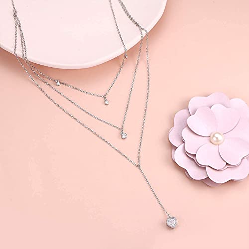 Sterling Silver Dainty Bead Layered Long Lariat Choker Necklaces for Women Boho - style: Heart Layered Necklace