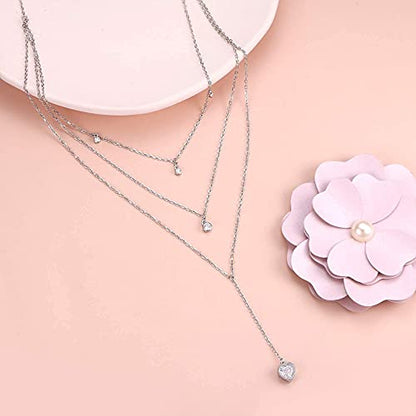 Sterling Silver Dainty Bead Layered Long Lariat Choker Necklaces for Women Boho - style: Heart Layered Necklace