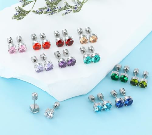 Titanium Flat Back Surgical Stainless Steel Stud Earrings for Women Men,Birthstone Stud Earrings Hypoallergenic Double Side 5A Cubic Zirconia Studs Jewelry 6mm - color: August(Peridot)